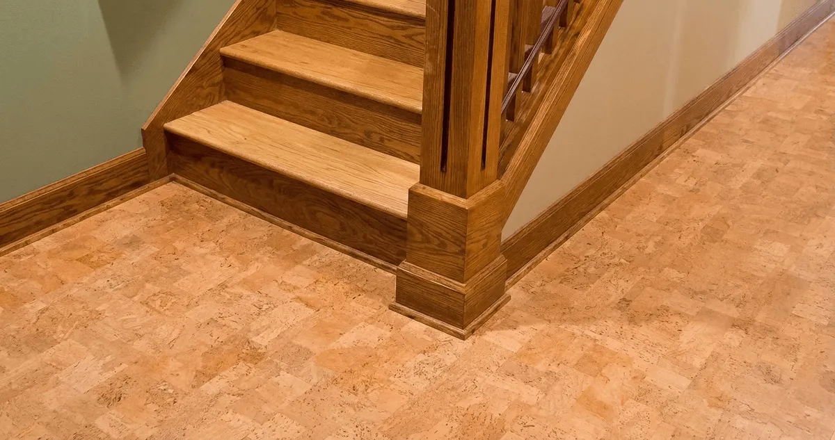 End of a staircase with cork flooring in Evansville, IN